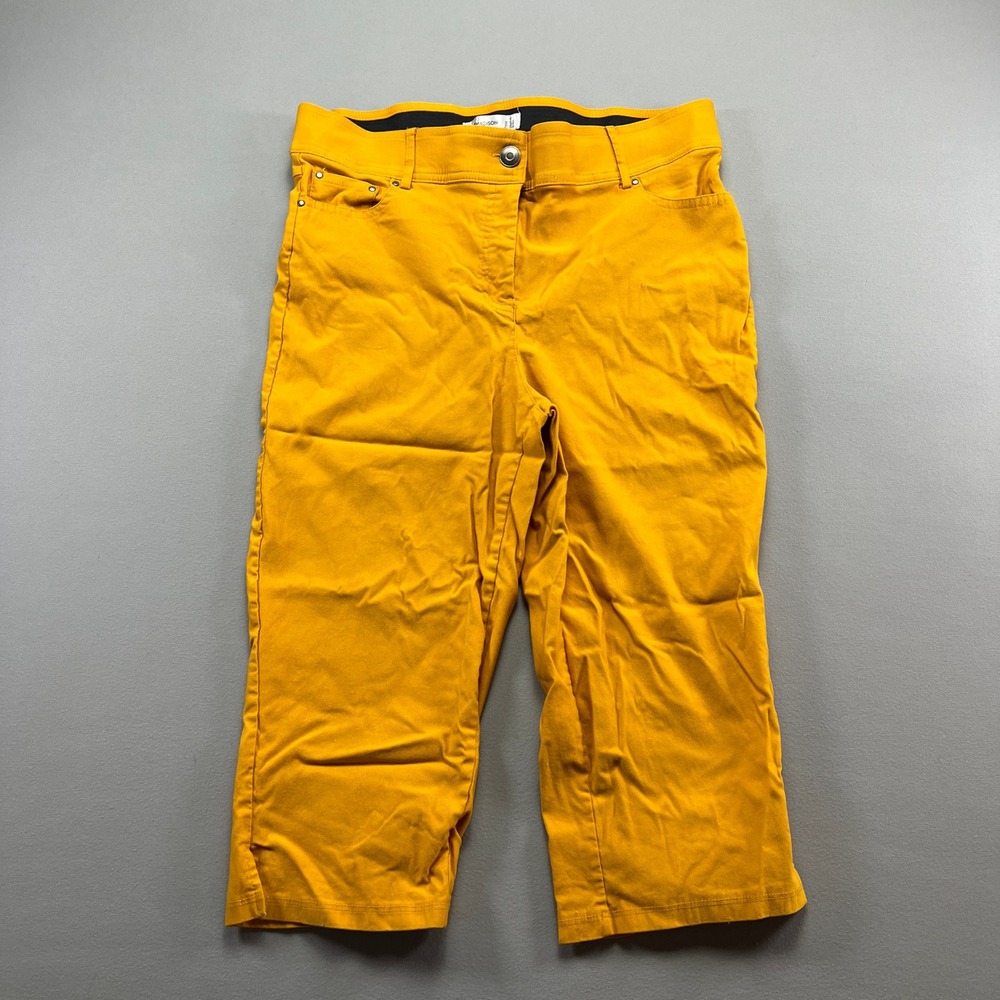 89th & Madison Capri Pants Women 12 Yellow Rayon Stretch Ankle Slit Straight Leg